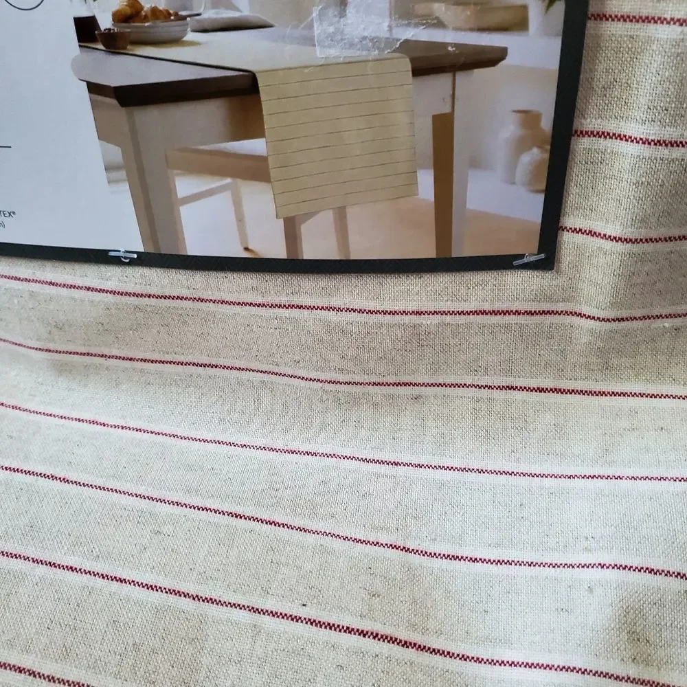 Table runner by threshold oatmeal with red stripe